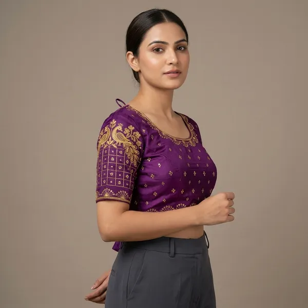 Purple_Silk_Short_Sleeve_Round_Neck_Blouse_For_Women