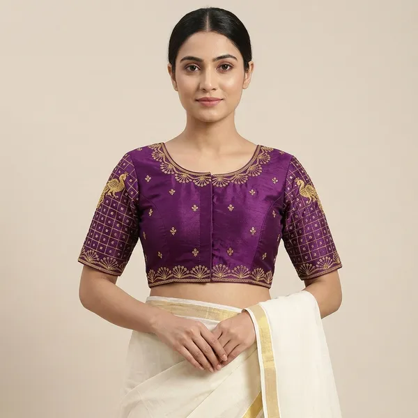 Purple_Silk_Short_Sleeve_Round_Neck_Blouse_For_Women