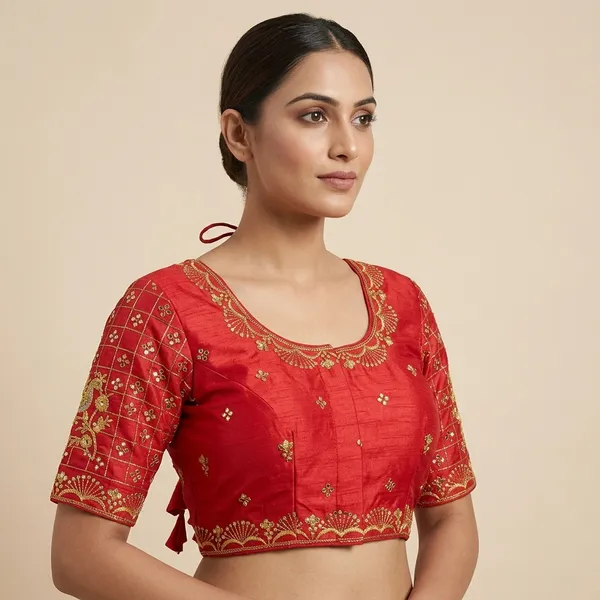 Red_Silk_Padded_Round_Neck_Blouse_For_Women