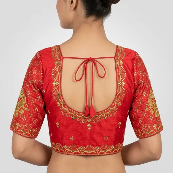 Red_Silk_Padded_Round_Neck_Blouse_For_Women