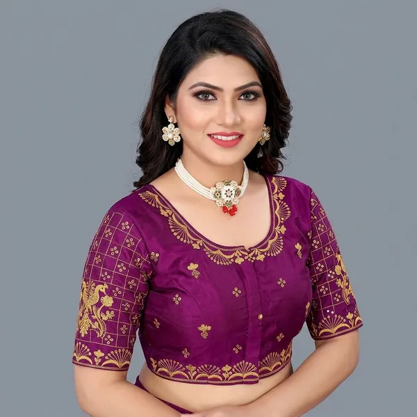 Wine_Silk_Padded_Embroidered_Round_Neck_Blouse_For_Women