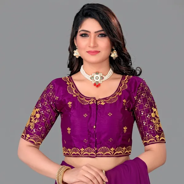 Wine_Silk_Padded_Embroidered_Round_Neck_Blouse_For_Women