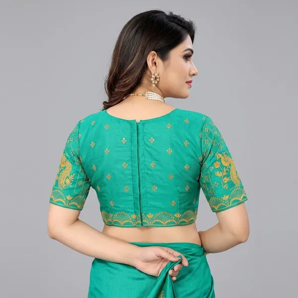 Teal_Silk_Padded_Hook_Closure_Blouse_For_Women