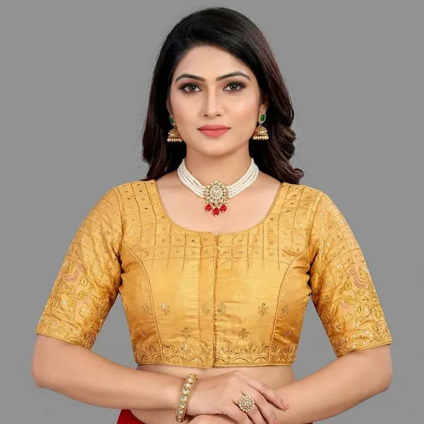 Gold_Silk_Padded_Round_Neck_Blouse_For_Women