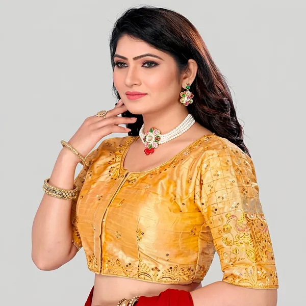 Gold_Silk_Padded_Round_Neck_Blouse_For_Women