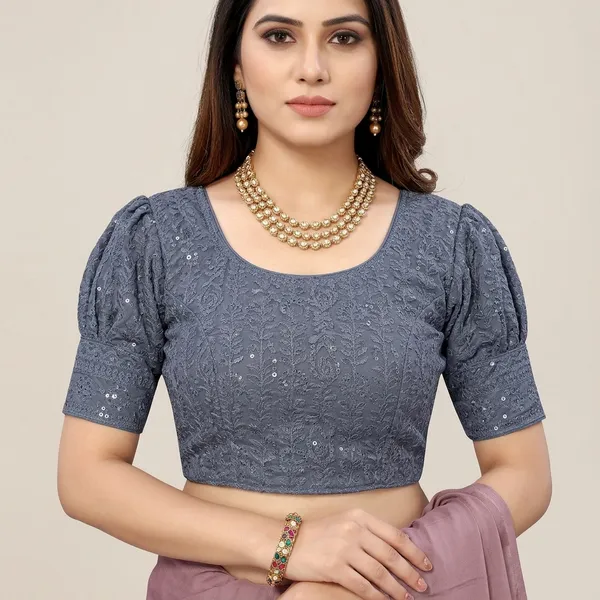 Grey_Silk_Padded_Round_Neck_Blouse_For_Women