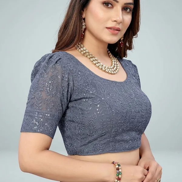 Grey_Silk_Padded_Round_Neck_Blouse_For_Women