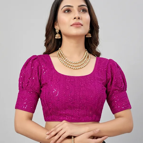 Pink_Silk_Padded_Hook_Closure_Round_Neck_Blouse_For_Women