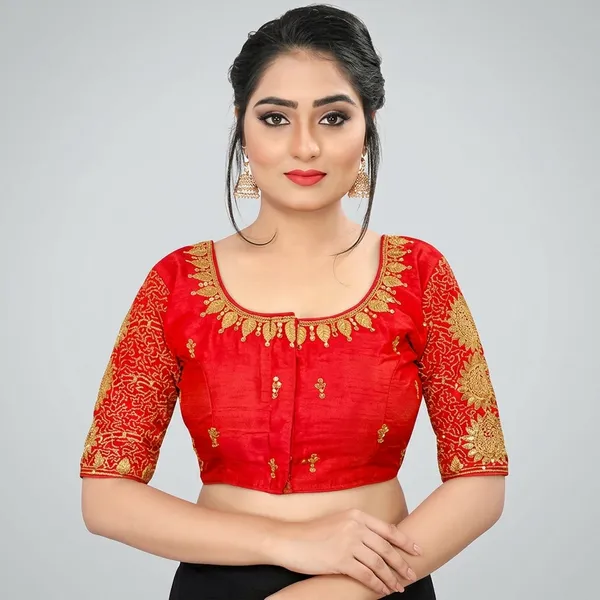 Red_Banglori_Silk_Short_Sleeve_Round_Neck_Blouse_For_Women