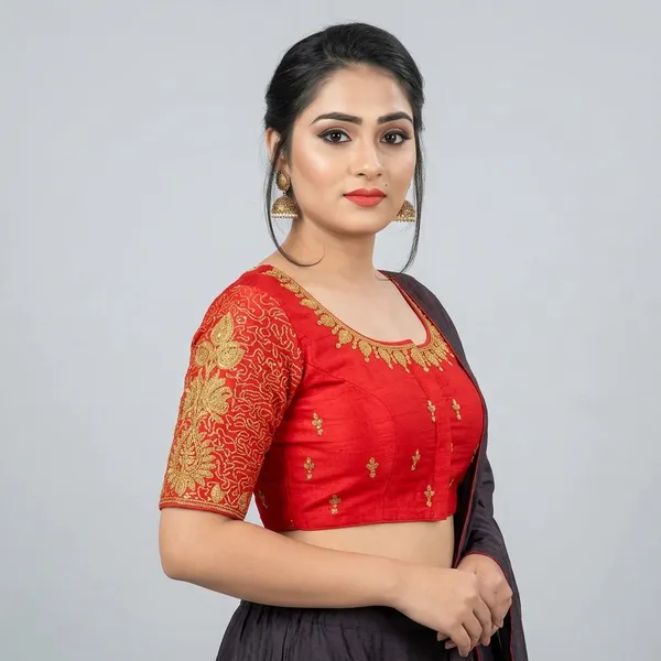 Red_Banglori_Silk_Short_Sleeve_Round_Neck_Blouse_For_Women
