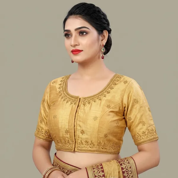 Golden_Banglori_Silk_Short_Sleeve_Round_Neck_Blouse_For_Women