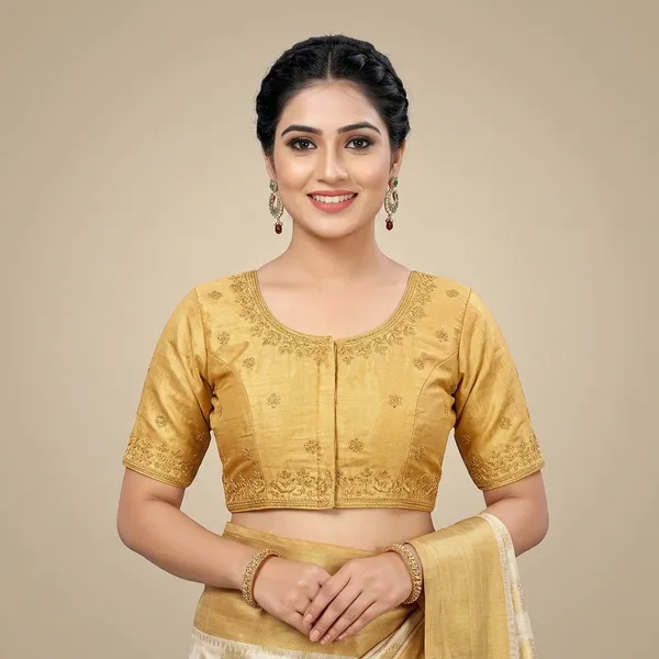 Golden_Banglori_Silk_Short_Sleeve_Round_Neck_Blouse_For_Women