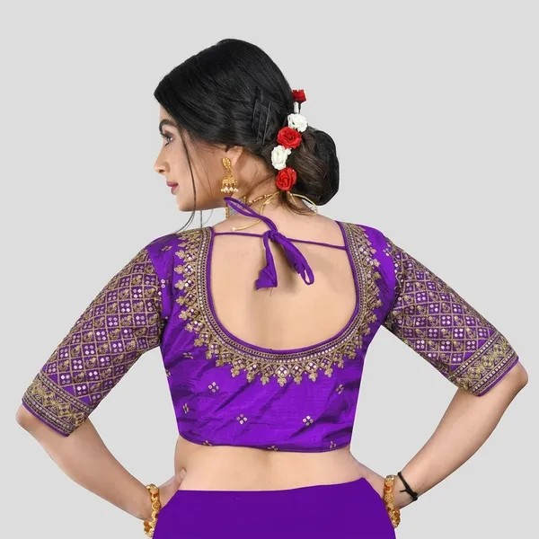 Purple_Silk_Short_Sleeve_Round_Neck_Blouse_For_Women