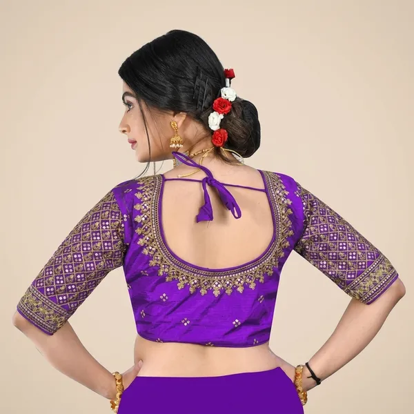 Purple_Silk_Short_Sleeve_Round_Neck_Blouse_For_Women