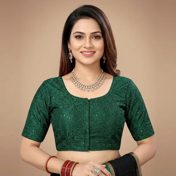 Green_Silk_Padded_Hook_Closure_Round_Neck_Blouse_For_Women