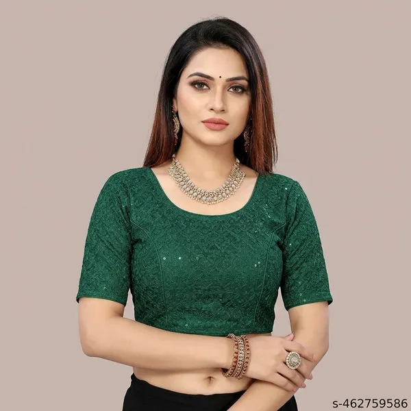 Green_Silk_Padded_Hook_Closure_Round_Neck_Blouse_For_Women