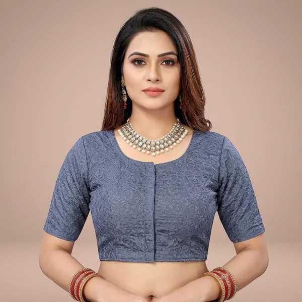 Grey_Silk_Padded_Front_Open_Blouse_For_Women