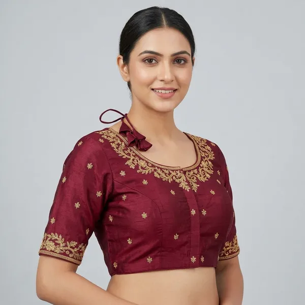 Maroon_Silk_Front_Open_Padded_Blouse_For_Women
