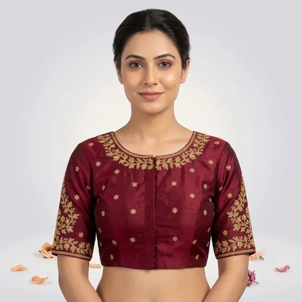 Maroon_Silk_Front_Open_Padded_Blouse_For_Women