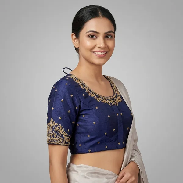 Navy_Blue_Silk_Padded_Round_Neck_Blouse_For_Women