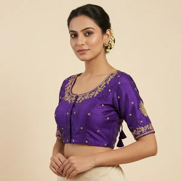 Violet_Silk_Embroidered_Short_Sleeve_Blouse_For_Women
