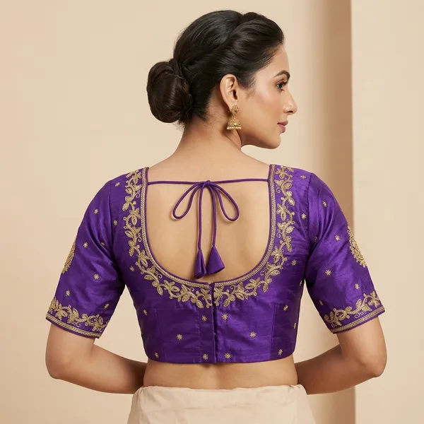 Violet_Silk_Embroidered_Short_Sleeve_Blouse_For_Women