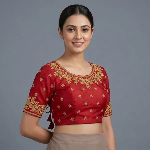 Red_Silk_Padded_Round_Neck_Blouse_For_Women
