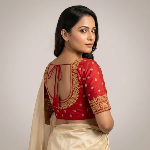 Red_Silk_Padded_Round_Neck_Blouse_For_Women