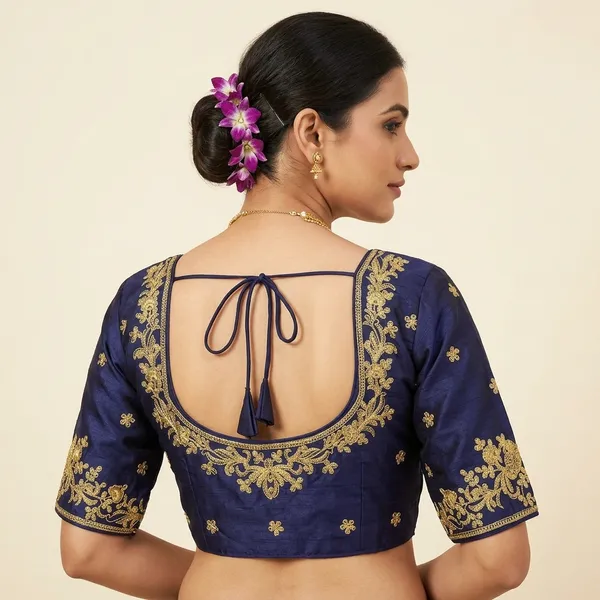 Navy_Blue_Silk_Padded_Round_Neck_Blouse_For_Women