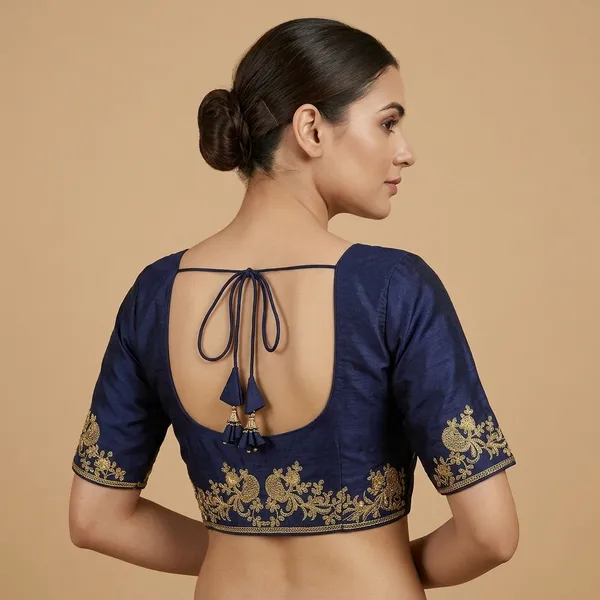Navy_Blue_Silk_Padded_Round_Neck_Blouse_For_Women