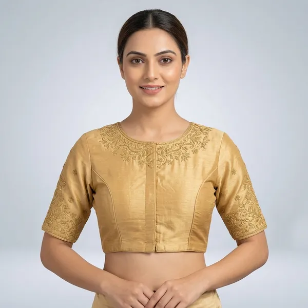 Golden_Silk_Short_Sleeve_Round_Neck_Blouse_For_Women