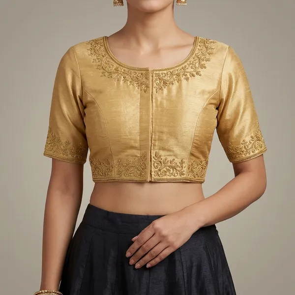 Golden_Silk_Short_Sleeve_Round_Neck_Blouse_For_Women