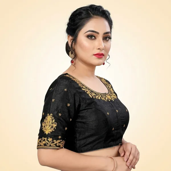 Black_Silk_Padded_Round_Neck_Blouse_For_Women