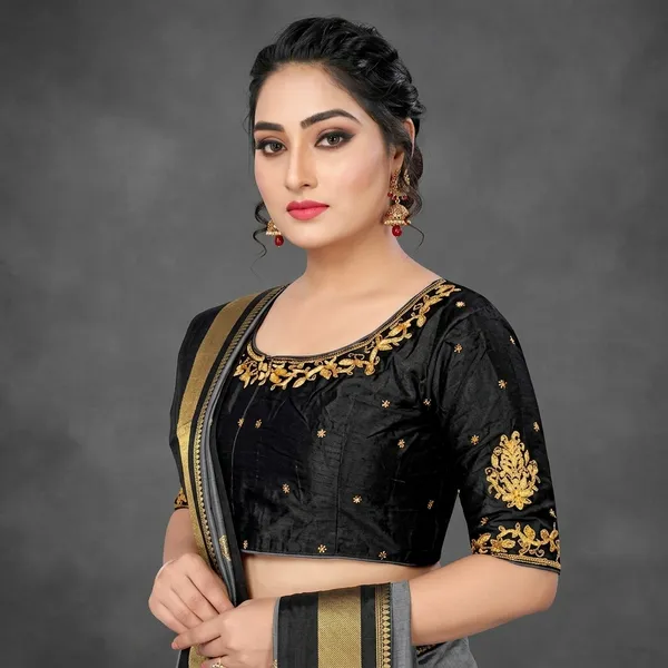 Black_Silk_Padded_Round_Neck_Blouse_For_Women