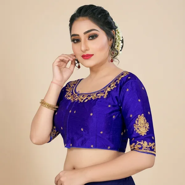 Blue_Silk_Round_Neck_Padded_Blouse_For_Women