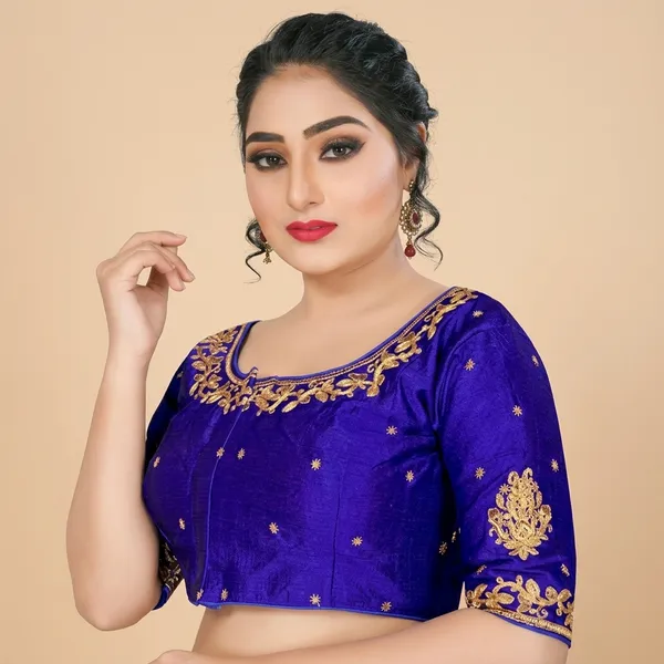Blue_Silk_Round_Neck_Padded_Blouse_For_Women