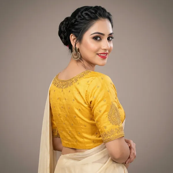 Yellow_Silk_Padded_Round_Neck_Blouse_For_Women