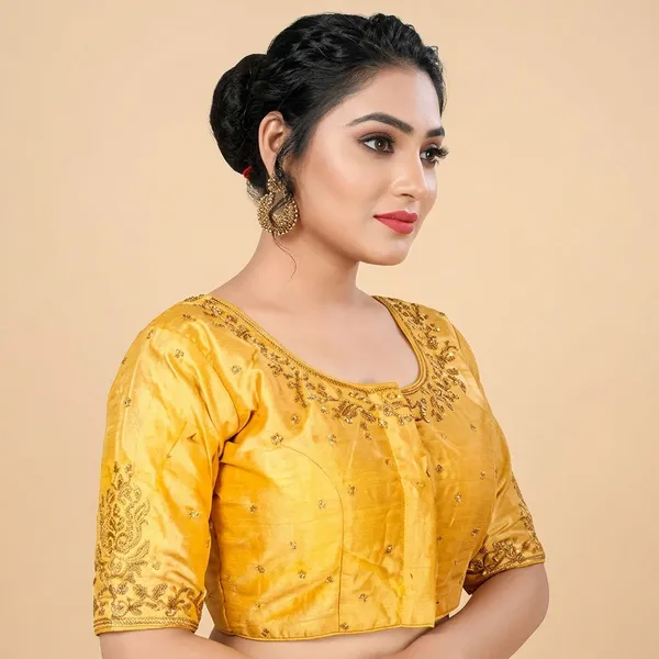 Yellow_Silk_Padded_Round_Neck_Blouse_For_Women