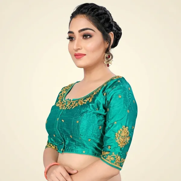 Teal_Silk_Padded_Round_Neck_Blouse_For_Women