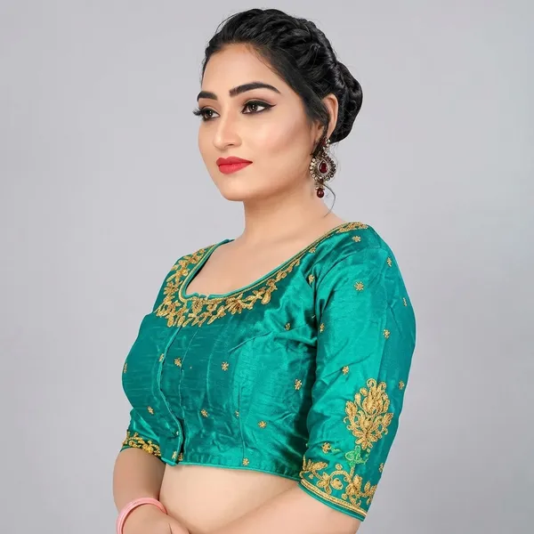 Teal_Silk_Padded_Round_Neck_Blouse_For_Women