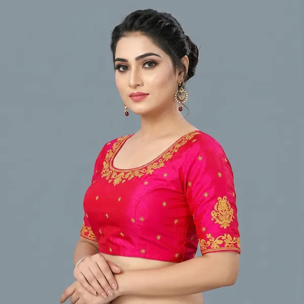 Pink_Silk_Padded_Round_Neck_Blouse_For_Women