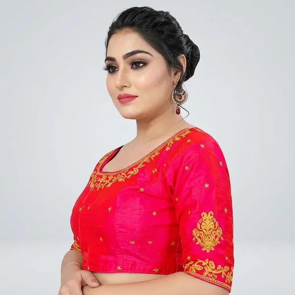 Pink_Silk_Padded_Round_Neck_Blouse_For_Women