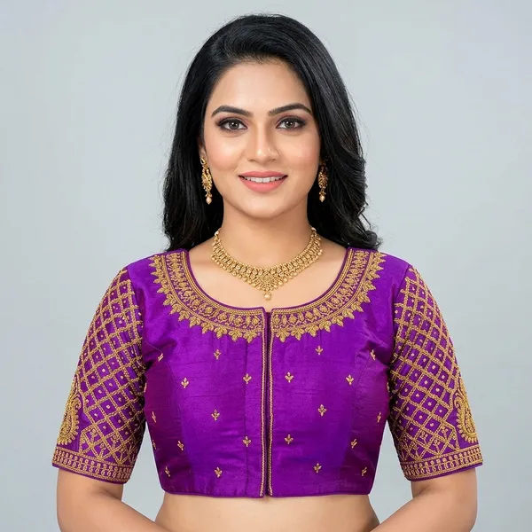 Purple_Silk_Padded_Round_Neck_Front_Open_Blouse_For_Women