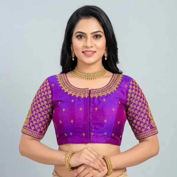 Purple_Silk_Padded_Round_Neck_Front_Open_Blouse_For_Women
