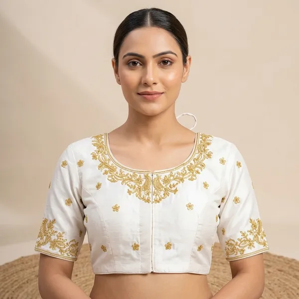 White_Silk_Short_Sleeve_Front_Open_Round_Neck_Blouse_For_Women