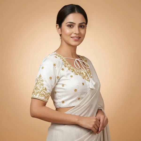 White_Silk_Short_Sleeve_Front_Open_Round_Neck_Blouse_For_Women