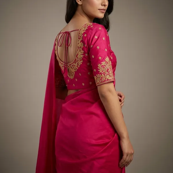 Peach_Silk_Padded_Round_Neck_Blouse_For_Women