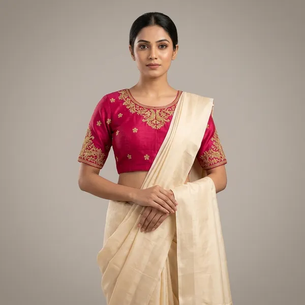 Peach_Silk_Padded_Round_Neck_Blouse_For_Women