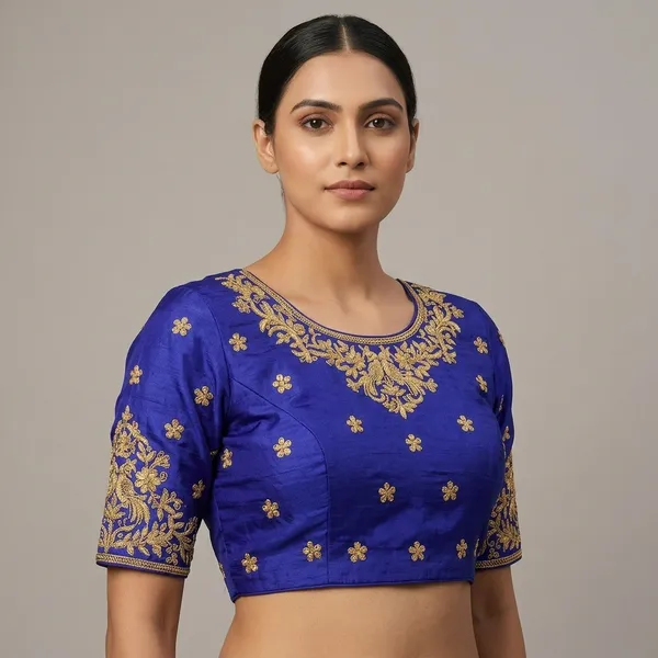 Blue_Silk_Padded_Round_Neck_Blouse_For_Women