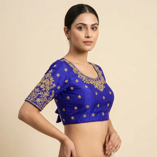 Blue_Silk_Padded_Round_Neck_Blouse_For_Women